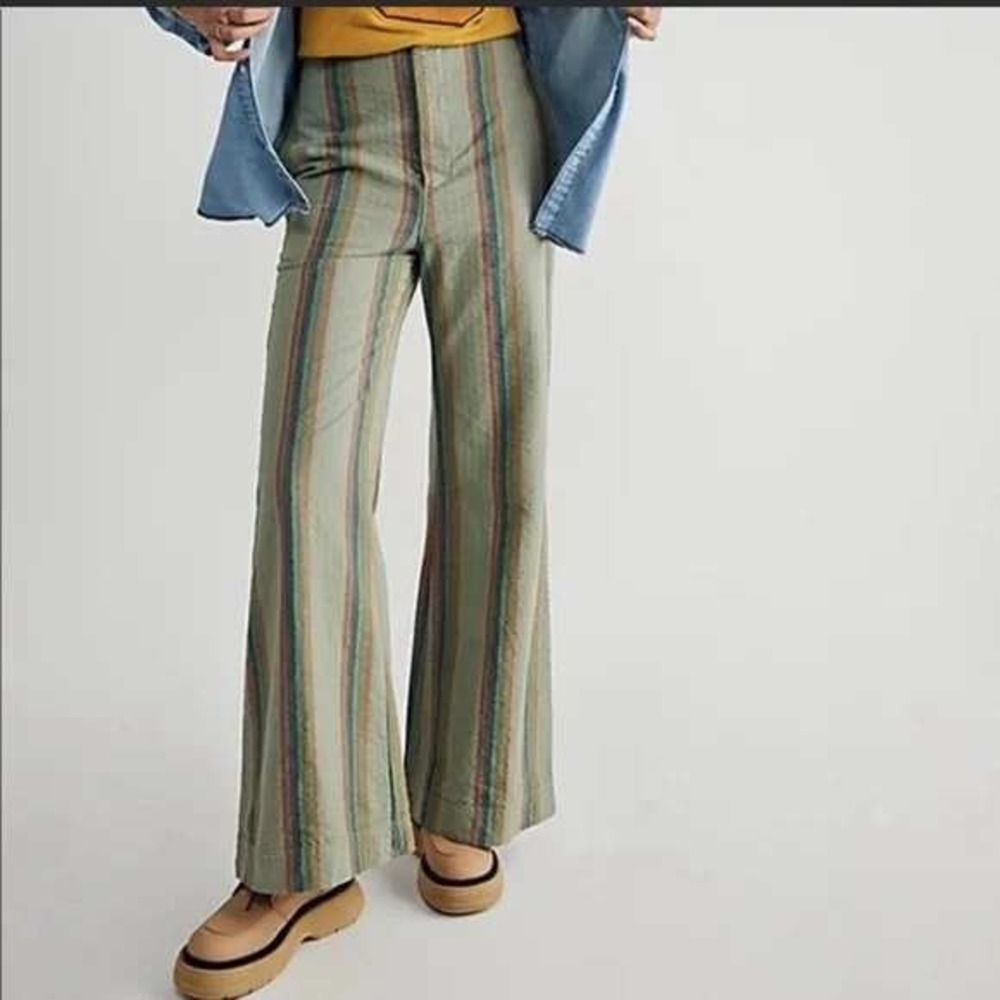 EUC Free People Star of Wonder Striped Wide Leg Pants Flare Boho Green Women's 0